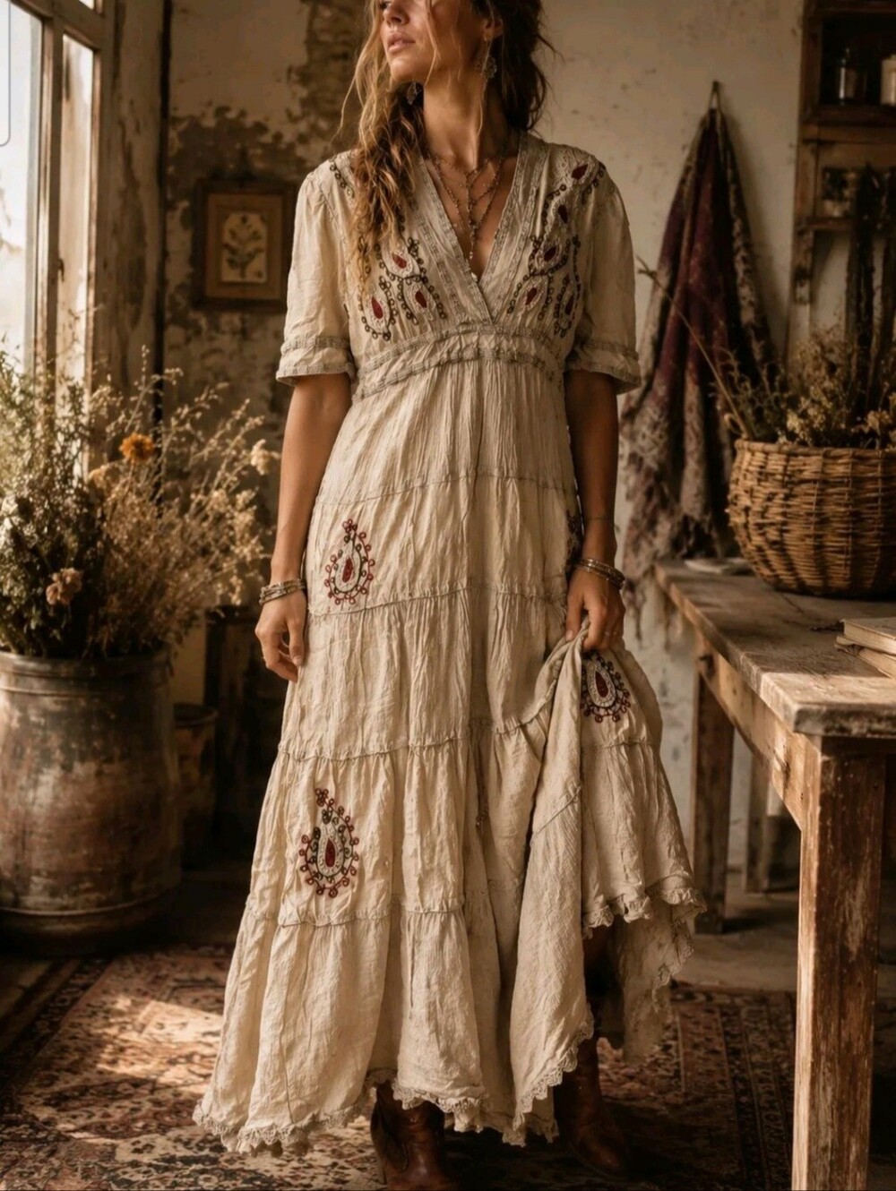 Young Threads Bohemian Beige Tiered Embroidered V-Neck Maxi Dress